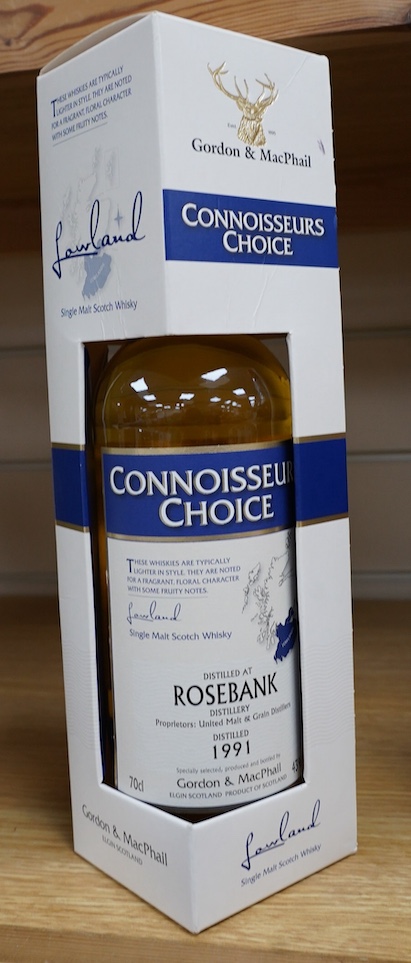 A boxed bottle of Gordon & Macphail Connoisseurs Choice Rosebank 1991, closed distillery. Condition - good